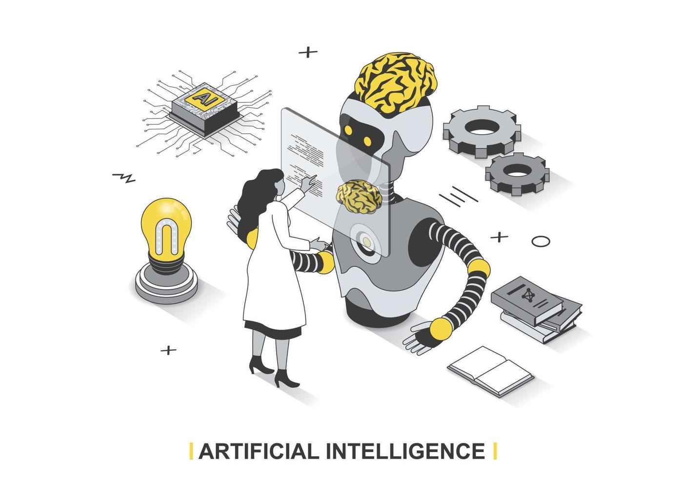 artificiale intelligenza concetto nel 3d isometrico schema design. scienziato ingegnere Lavorando con ai e formazione robot cervello, macchina apprendimento linea ragnatela modello. vettore illustrazione con persone scena