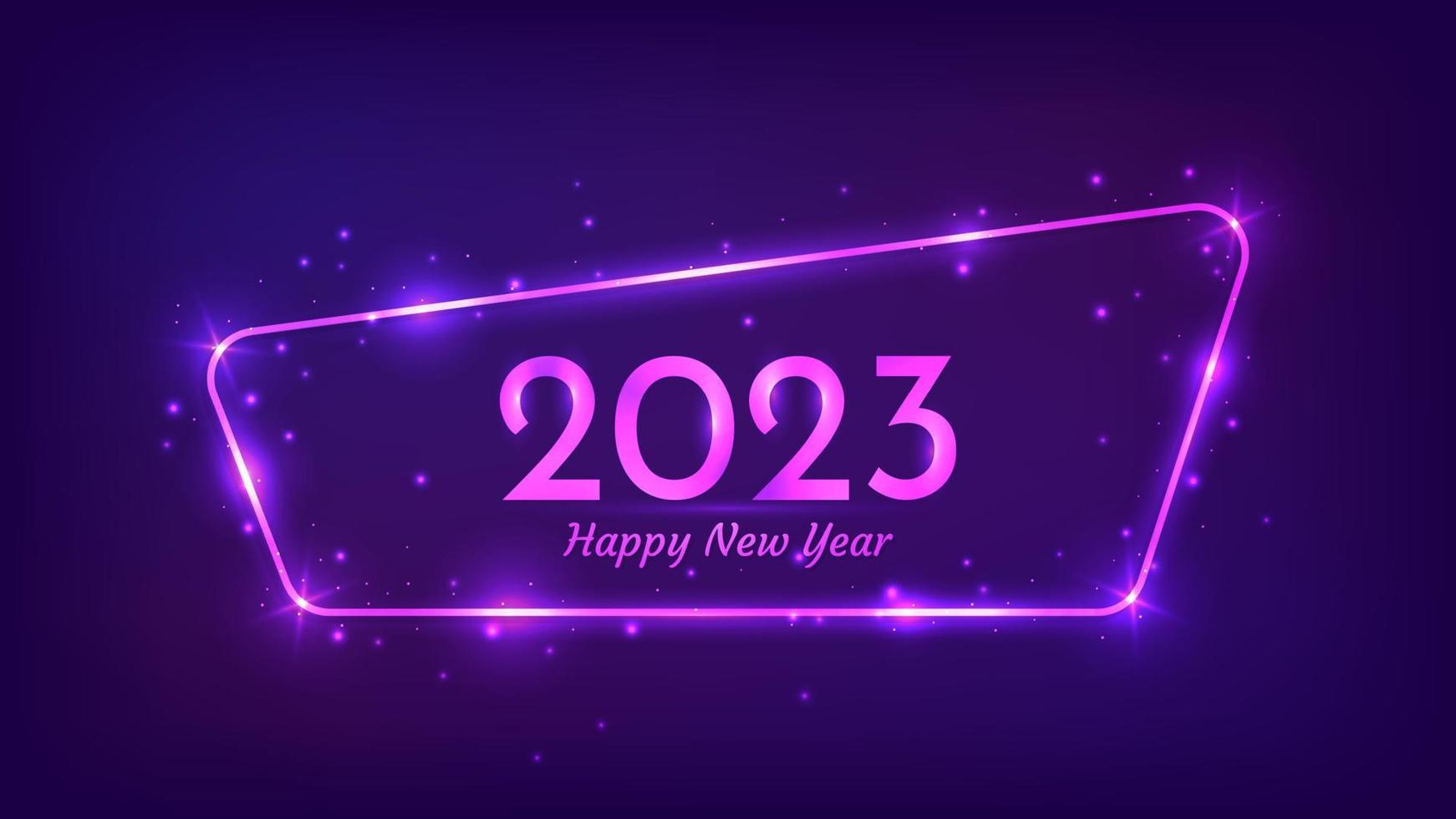 2023 contento nuovo anno neon sfondo. neon arrotondato telaio con splendente effetti e scintille per Natale vacanza saluto carta, volantini o manifesti. vettore illustrazione