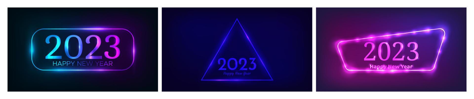 2023 contento nuovo anno neon sfondo. impostato di tre neon fondali con diverso geometrico montatura con splendente effetti e iscrizione contento nuovo anno. buio sfondo per Natale vettore