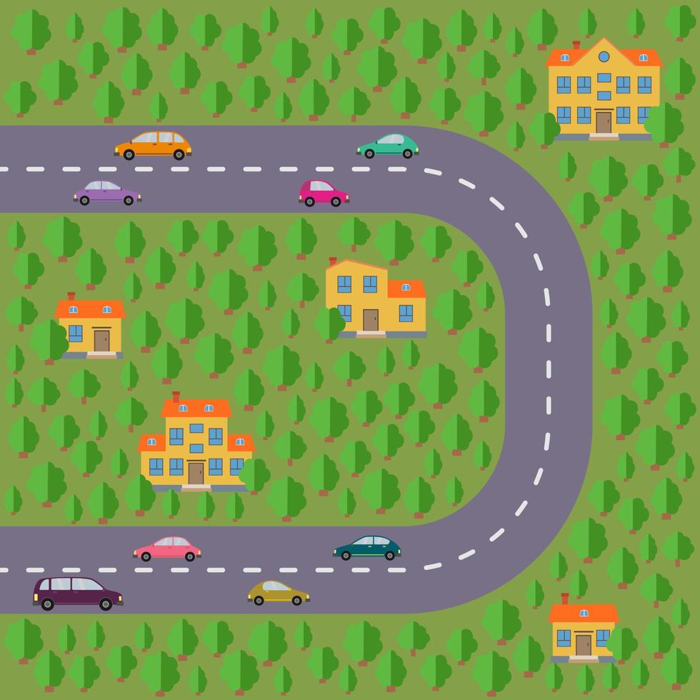 Piano di villaggio. paesaggio con il strada, verde foresta, macchine e case. vettore illustrazione