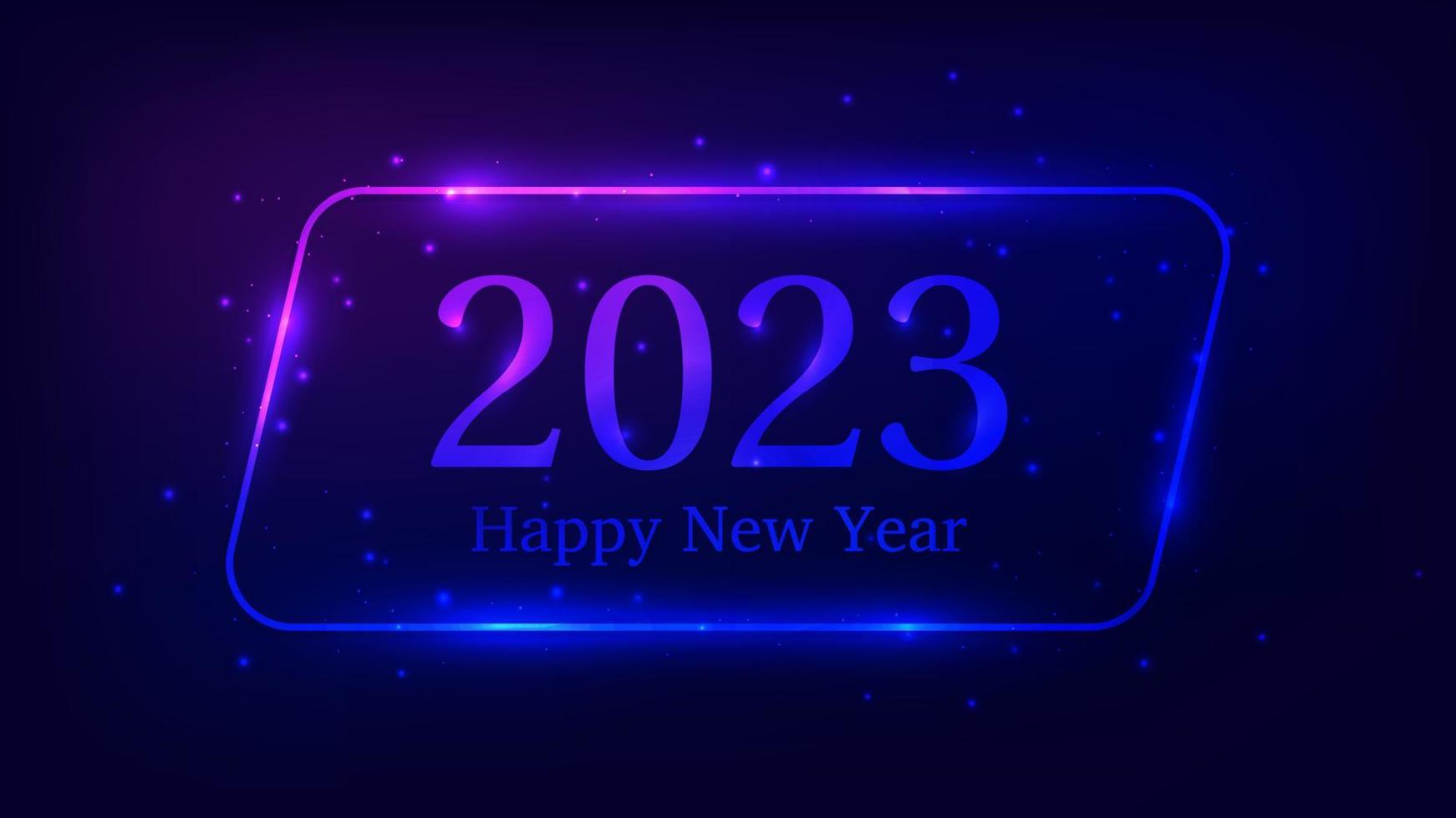 2023 contento nuovo anno neon sfondo. neon arrotondato parallelogrammo telaio con splendente effetti e scintille per Natale vacanza saluto carta, volantini o manifesti. vettore illustrazione