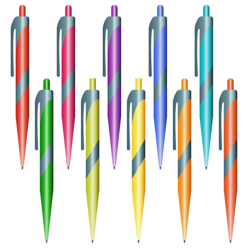impostato di multicolore penne su un' bianca sfondo. vettore illustrazione.