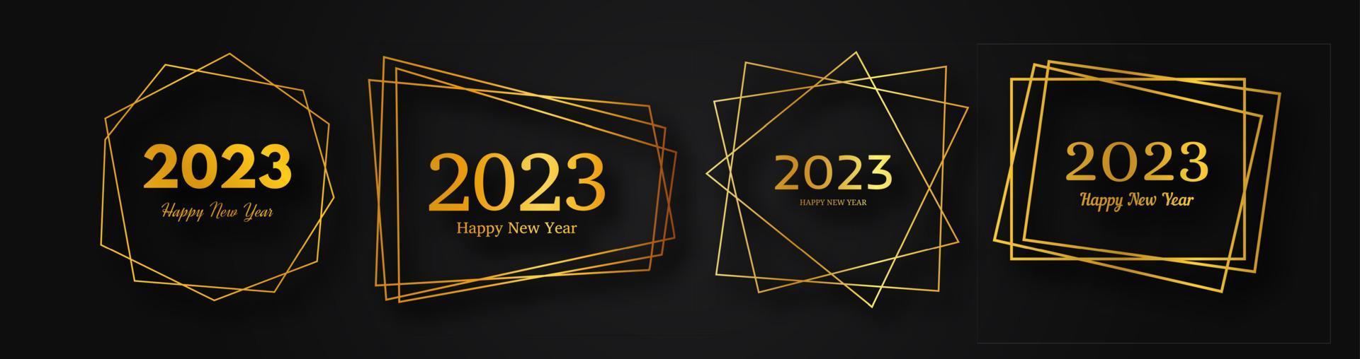 impostato di 2023 contento nuovo anno oro geometrico poligonale sfondi. oro geometrico poligonale telaio con splendente effetti per Natale vacanza saluto carta, volantini o manifesti. vettore illustrazione