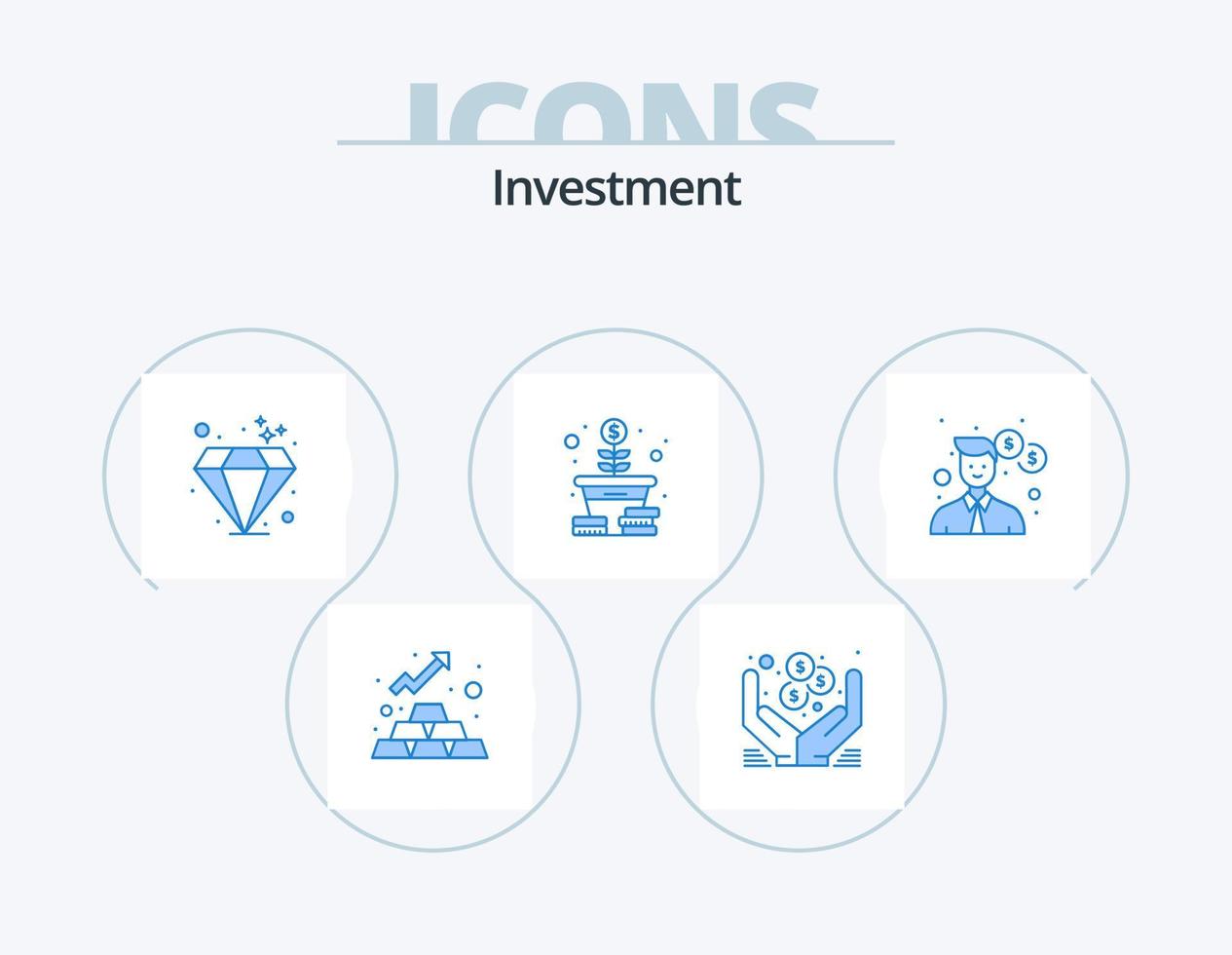 investimento blu icona imballare 5 icona design. ufficio. attività commerciale. diamante. monete. i soldi vettore