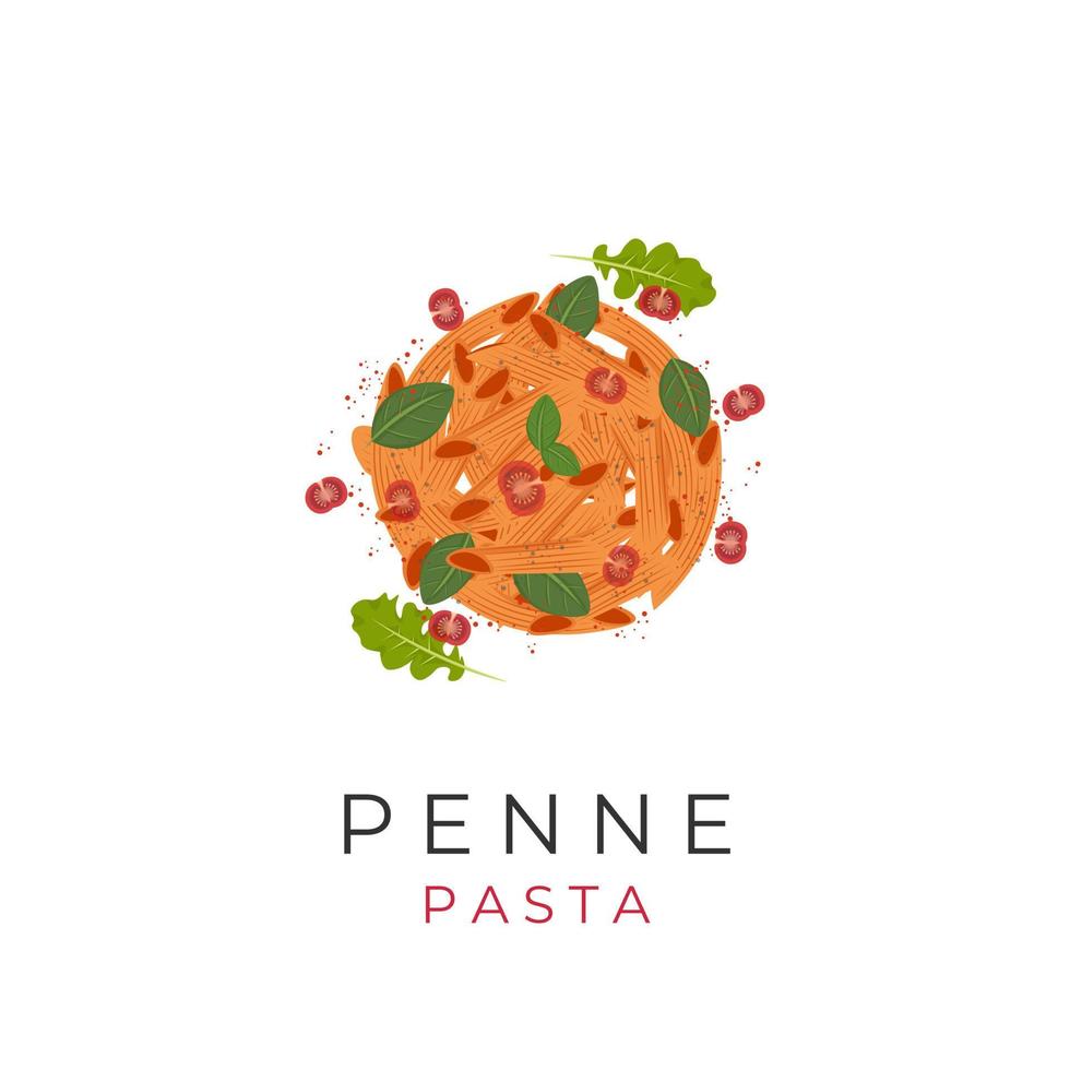 unico logo di penne pasta con delizioso pomodoro salsa vettore