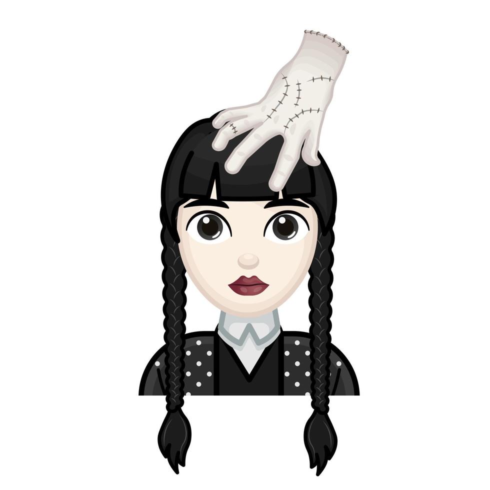 donna con nero capelli e mano su testa. mercoledì concetto. grande dimensione di pallido emoji viso vettore