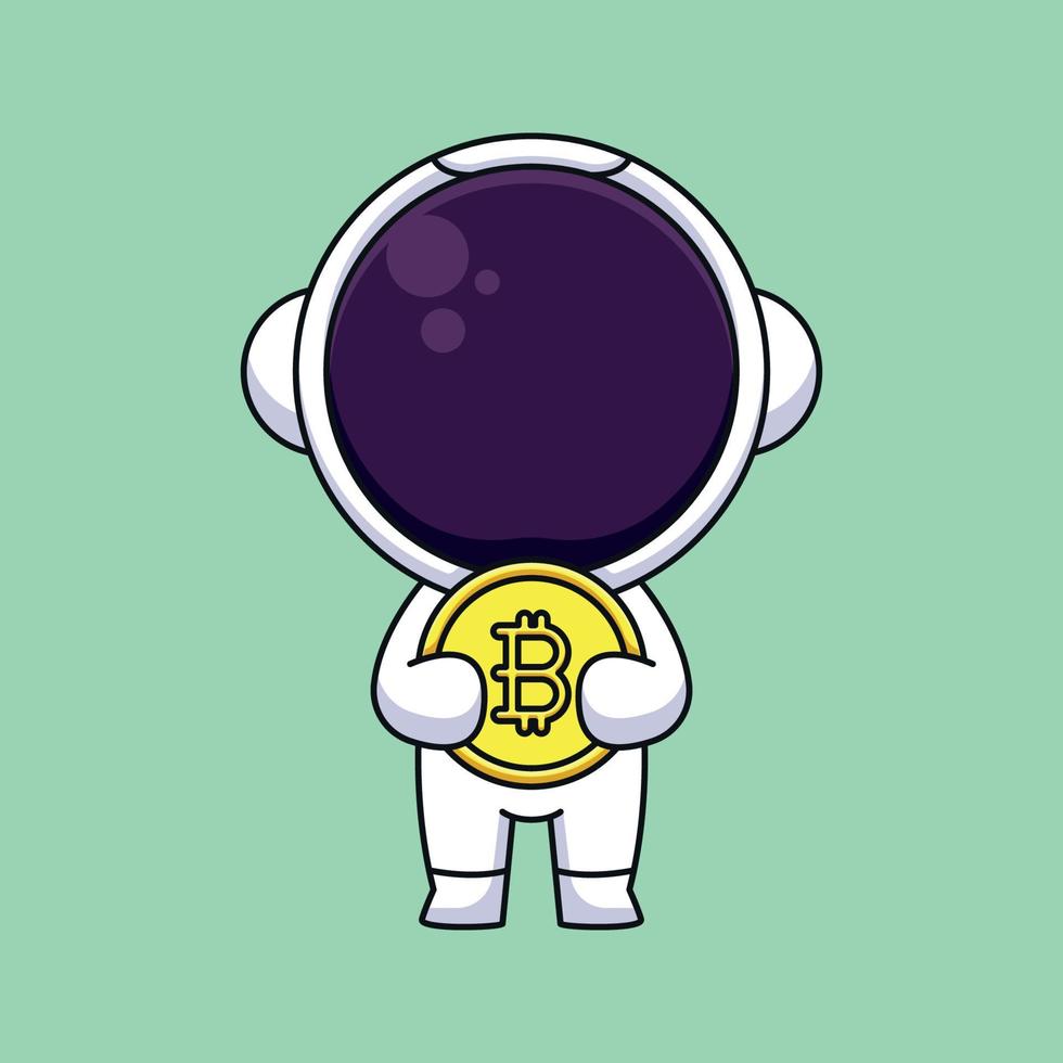 carino astronauta Tenere bitcoin cartone animato portafortuna scarabocchio arte mano disegnato schema concetto vettore kawaii icona illustrazione