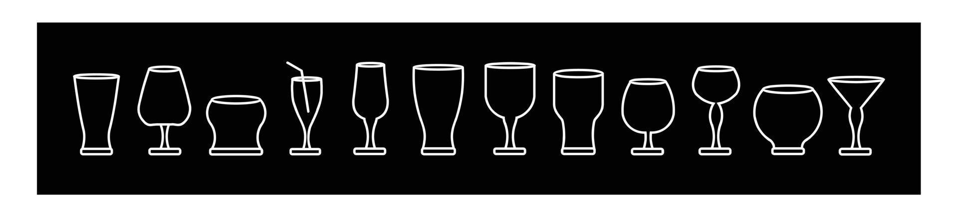 cocktail bicchiere linea icone piatto impostare, schema vettore simbolo collezione, impostato bicchiere include icone piatto per design su nero sfondo.