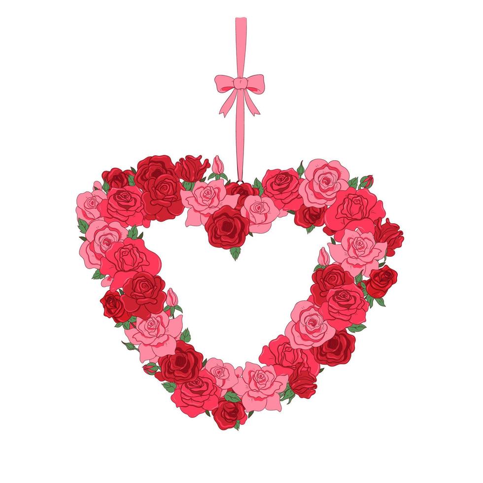 cuore sagomato ghirlanda di rosa e rosso Rose isolato su bianca sfondo. vettore grafica.