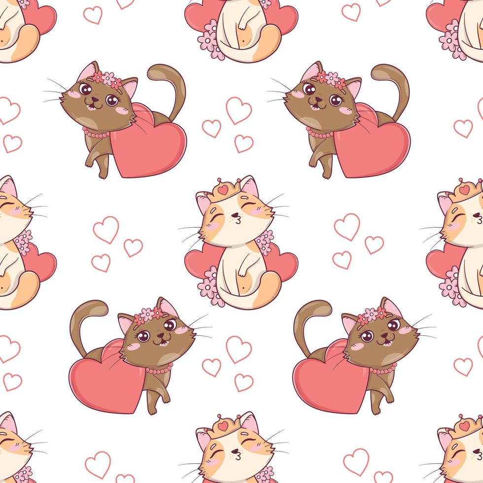 senza soluzione di continuità modello con kawaii carino San Valentino gatti con cuori e fiori per San Valentino giorno vettore