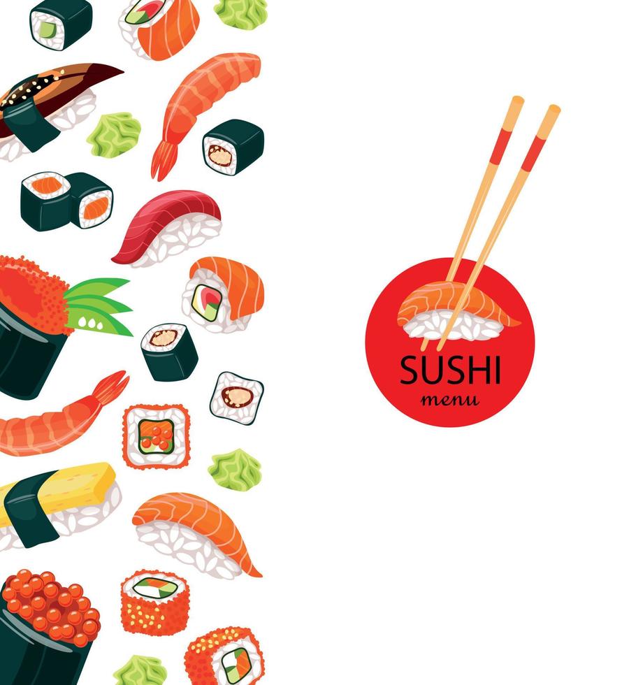 asiatico cibo. bianca copertina per ristorante menù. giapponese cucina, Sushi, nigiri. tradizionale giapponese cucina. vario tipi di Sushi su un' bellissimo sfondo. bambù nel il sfondo. vettore