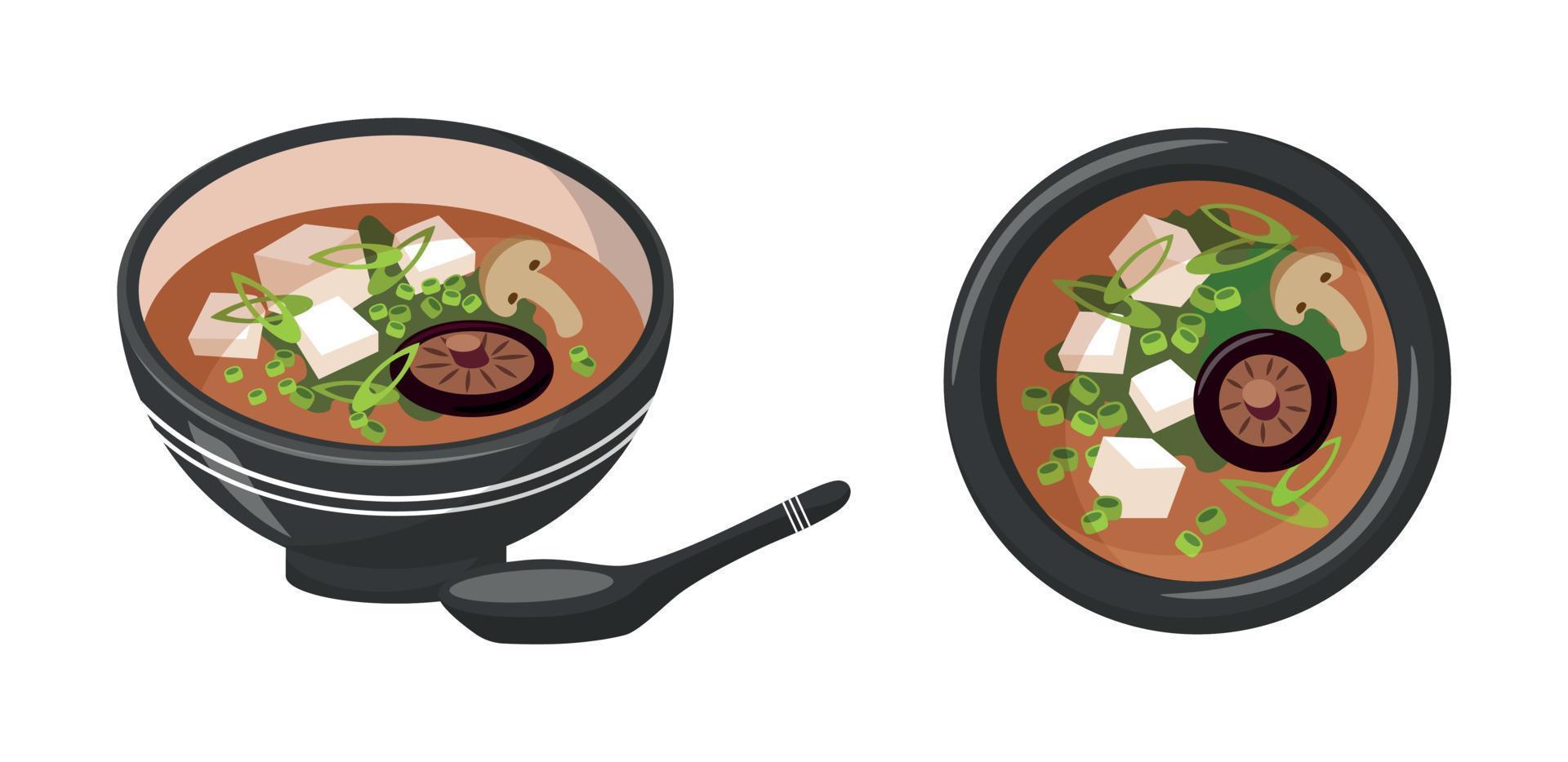 cibo asiatico, miso la minestra. giapponese la minestra con funghi e alga marina. impostato di piatti con cibo vettore