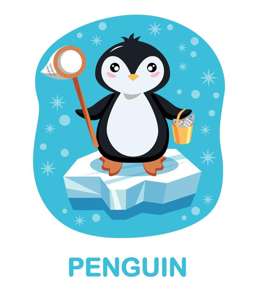cartone animato, carino pinguino, su ghiaccio lastrone, blu sfondo. carte per apprendimento bambini vettore