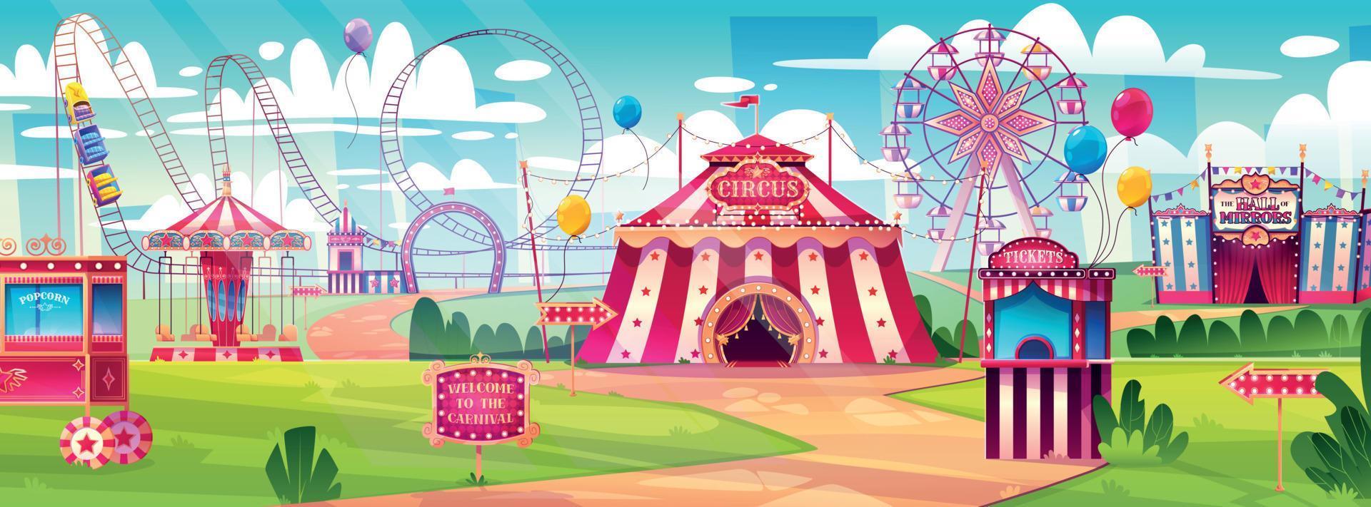 divertimento parco, carnevale, luna park con circo tenda vettore