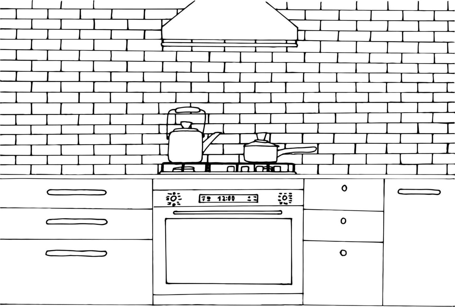 cucina colorazione pagina con forno, stufa cappuccio, fornello. mattone parete, cucina arredamento. accogliente colorazione libro per bambini e adulti. cucina Strumenti, piatto, mobiletto, credenza. vettore