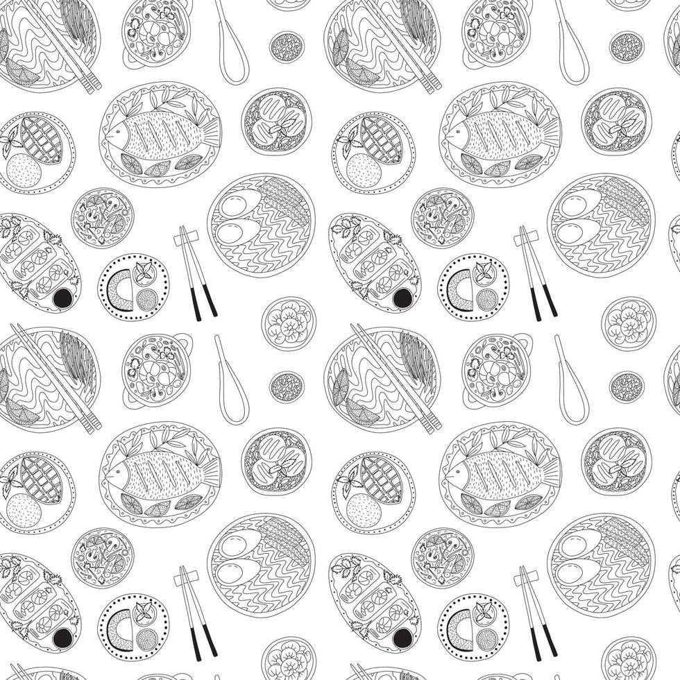 mano disegnato vettore tailandese cibo senza soluzione di continuità modello. diverso tailandese piatti modello su bianca sfondo