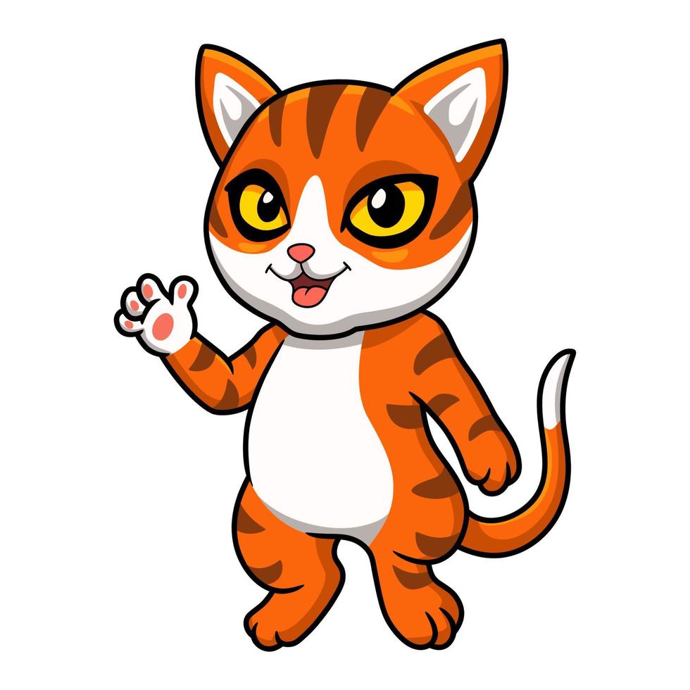 carino arancia soriano gatto cartone animato agitando mano vettore