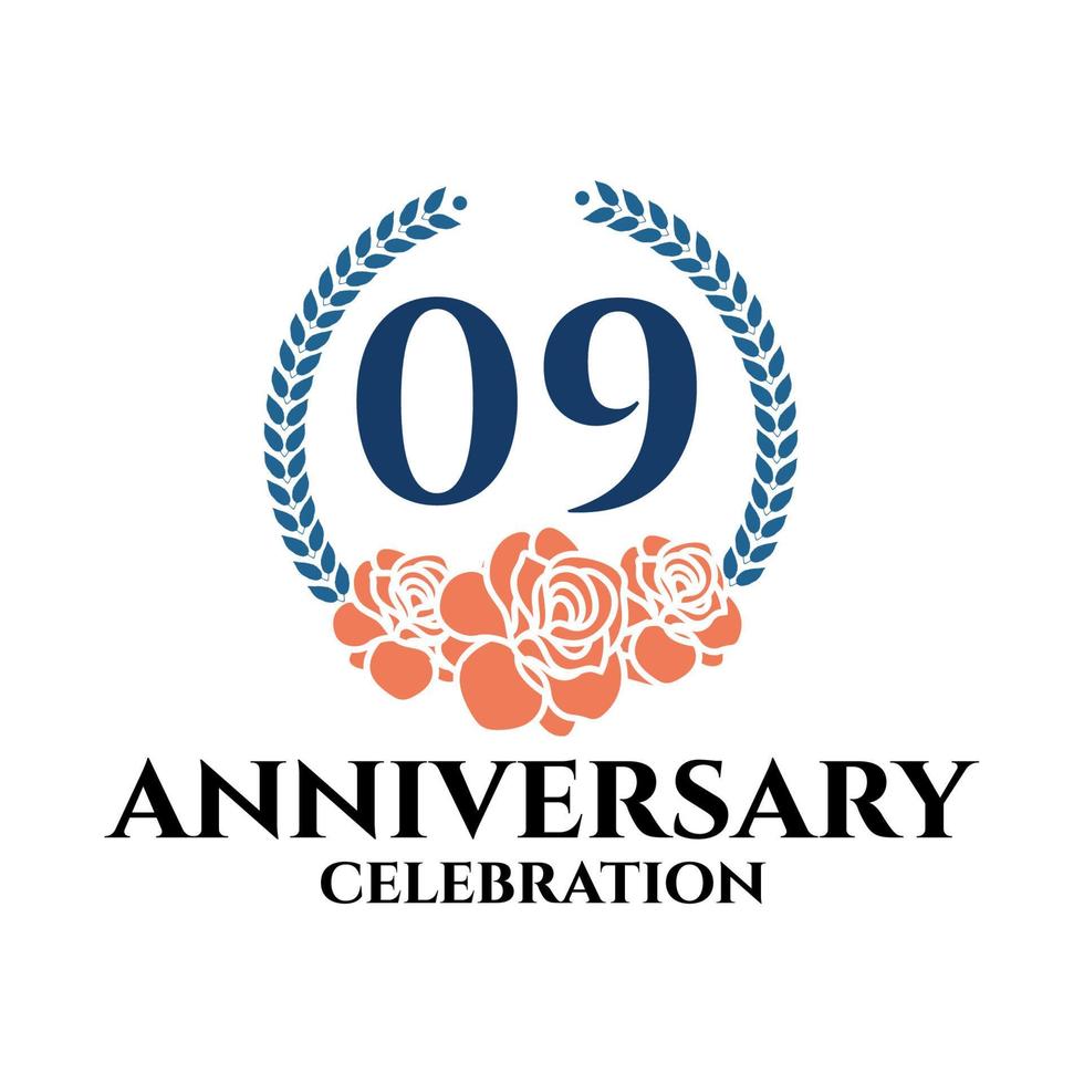 09 anniversario logo con rosa e alloro ghirlanda, vettore modello per compleanno celebrazione.