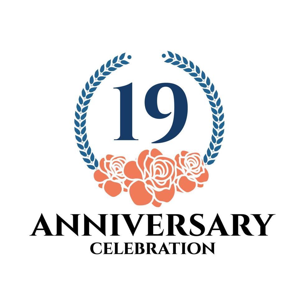 19 anniversario logo con rosa e alloro ghirlanda, vettore modello per compleanno celebrazione.