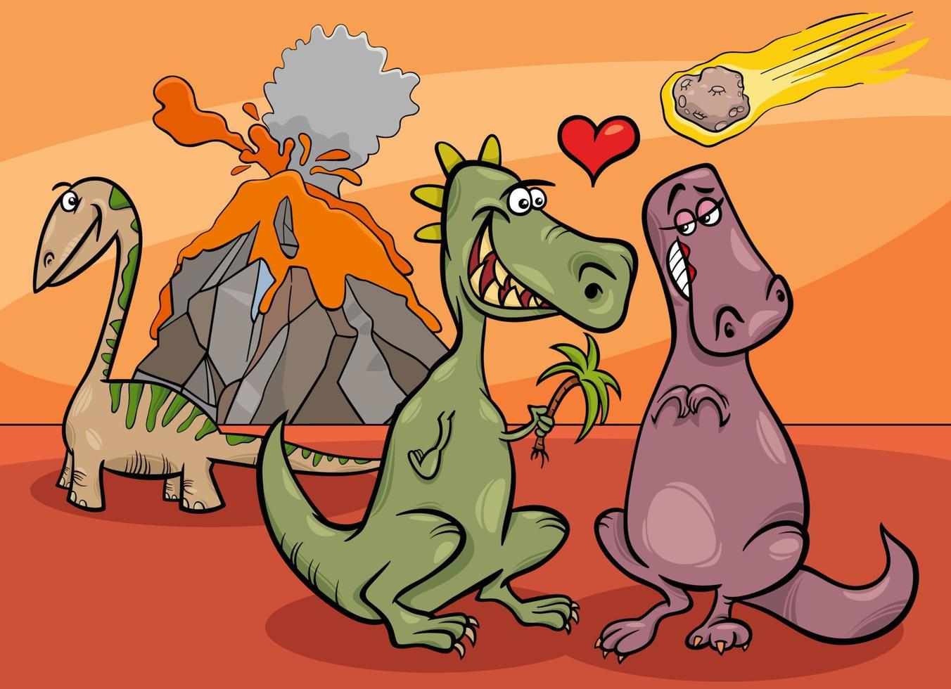 cartone animato dinosauri nel amore durante meteorite autunno disastro vettore