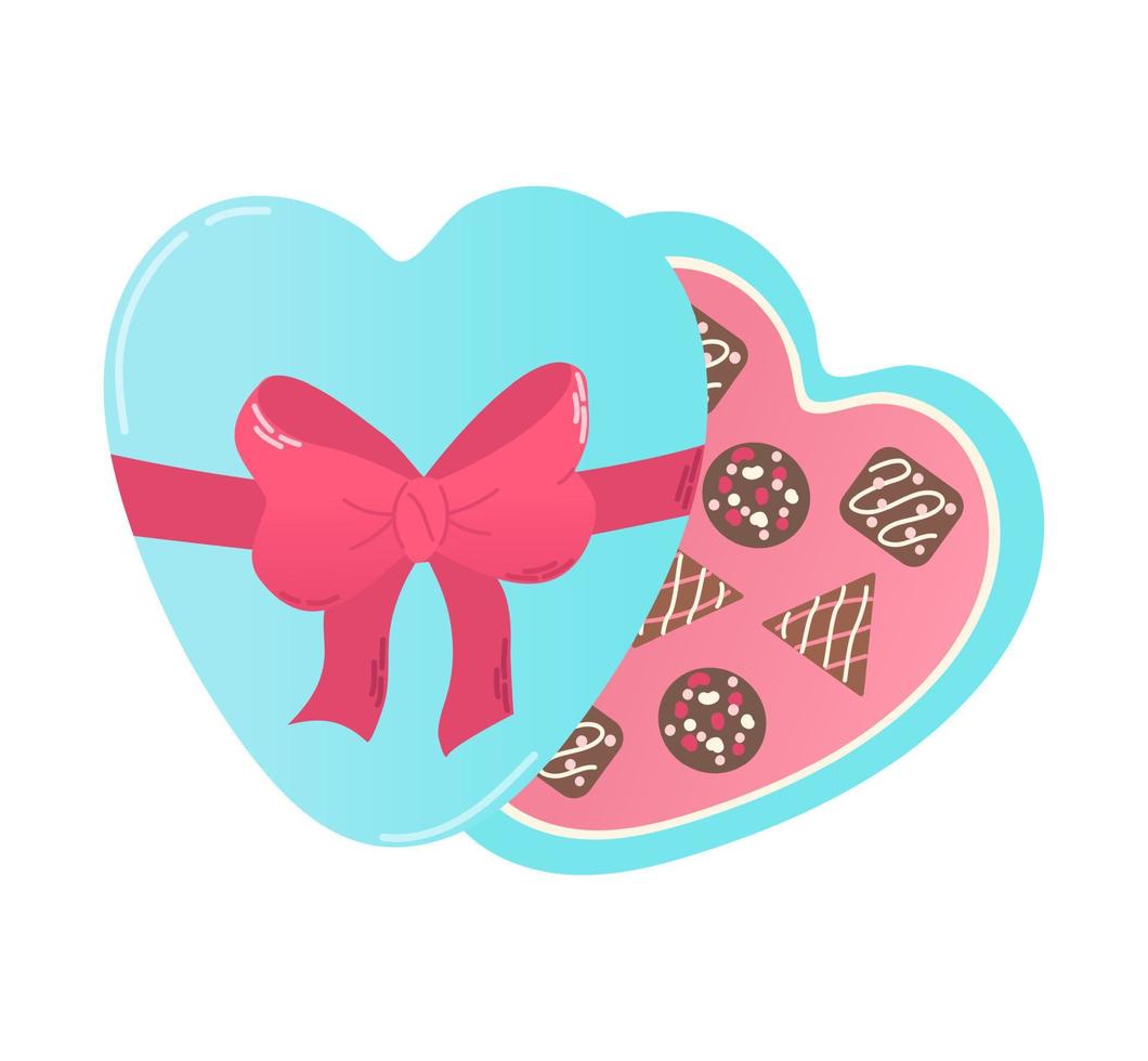 mano disegnato scatola di cioccolatini con rosso arco nel forma cuore nel piatto stile. vettore