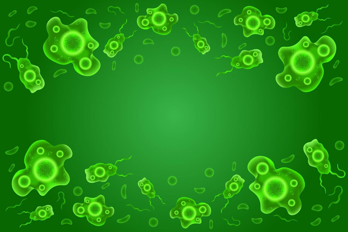 ameba sfondo vettore nel verde colore, organismo microbiologia batteri virus, modello per malattie medico presentazione