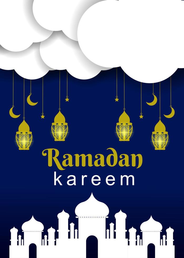 Ramadan digiuno mese saluto carta disegno, islamico manifesto design con lanterne, nuvole e moschee vettore