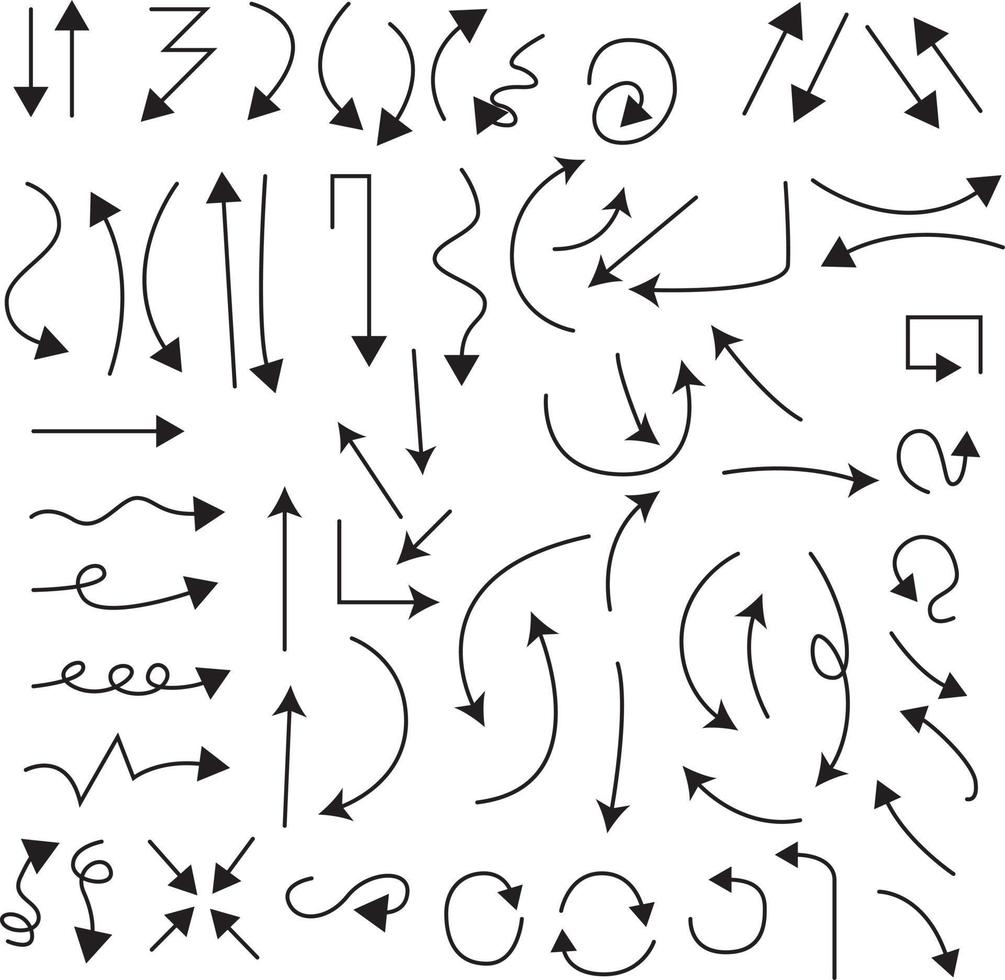 set di icone vettoriali freccia disegnata a mano. disegno della freccia di schizzo per il business plan e l'istruzione.