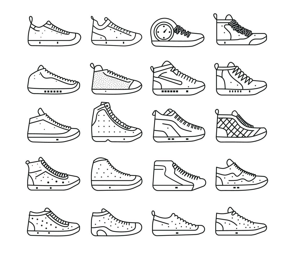 sneaker scarpa minimalista piatto linea schema ictus icona pittogramma simbolo impostato collezione vettore