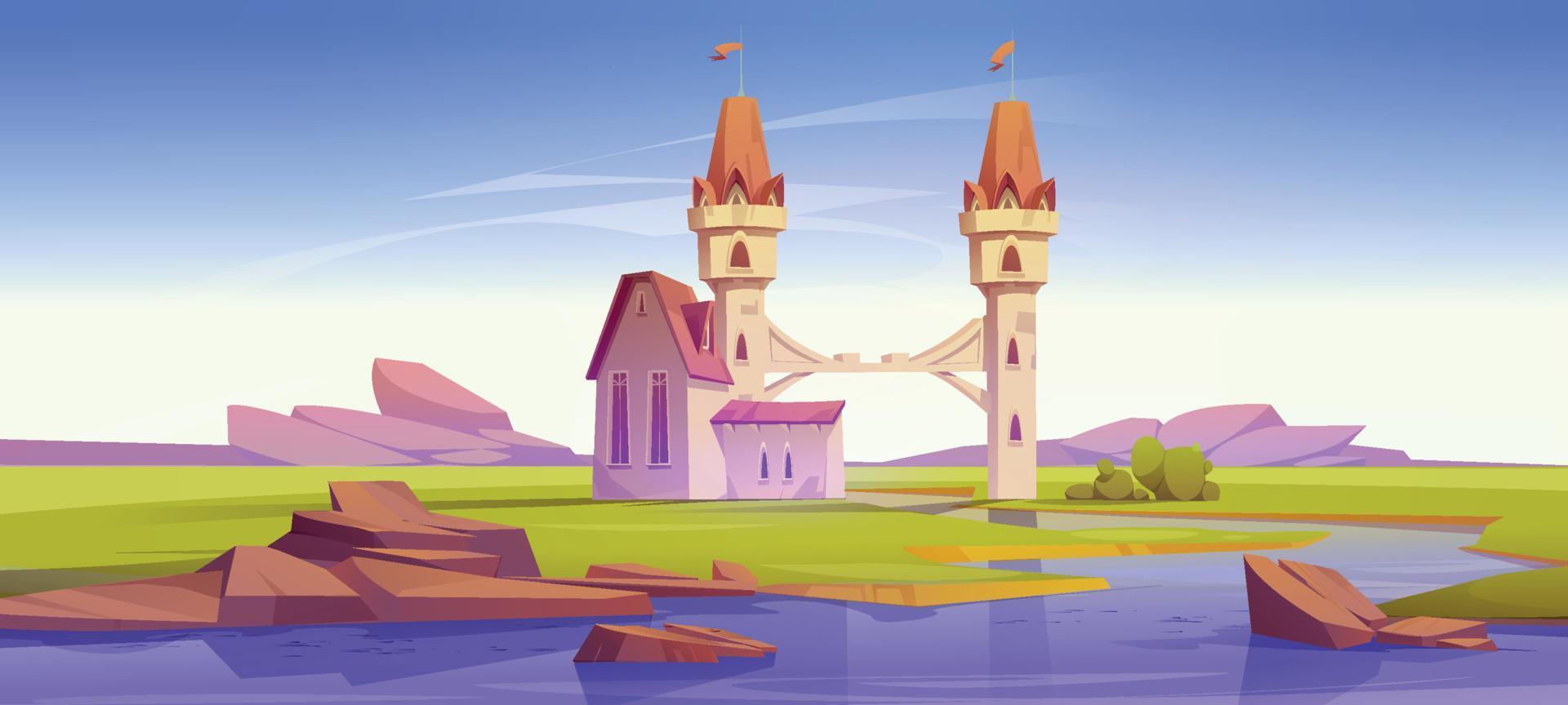 fantasia medievale castello con ponte al di sopra di fiume vettore