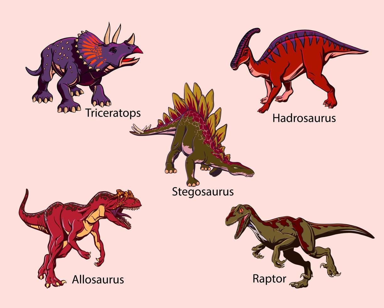 impostato di colorato disegnato dinosauri nel pop arte stile per stampa. vettore illustrazione