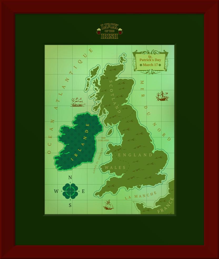 comico carta geografica di grande Gran Bretagna e Irlanda dedito per st. Patrick giorno. vettore illustrazione