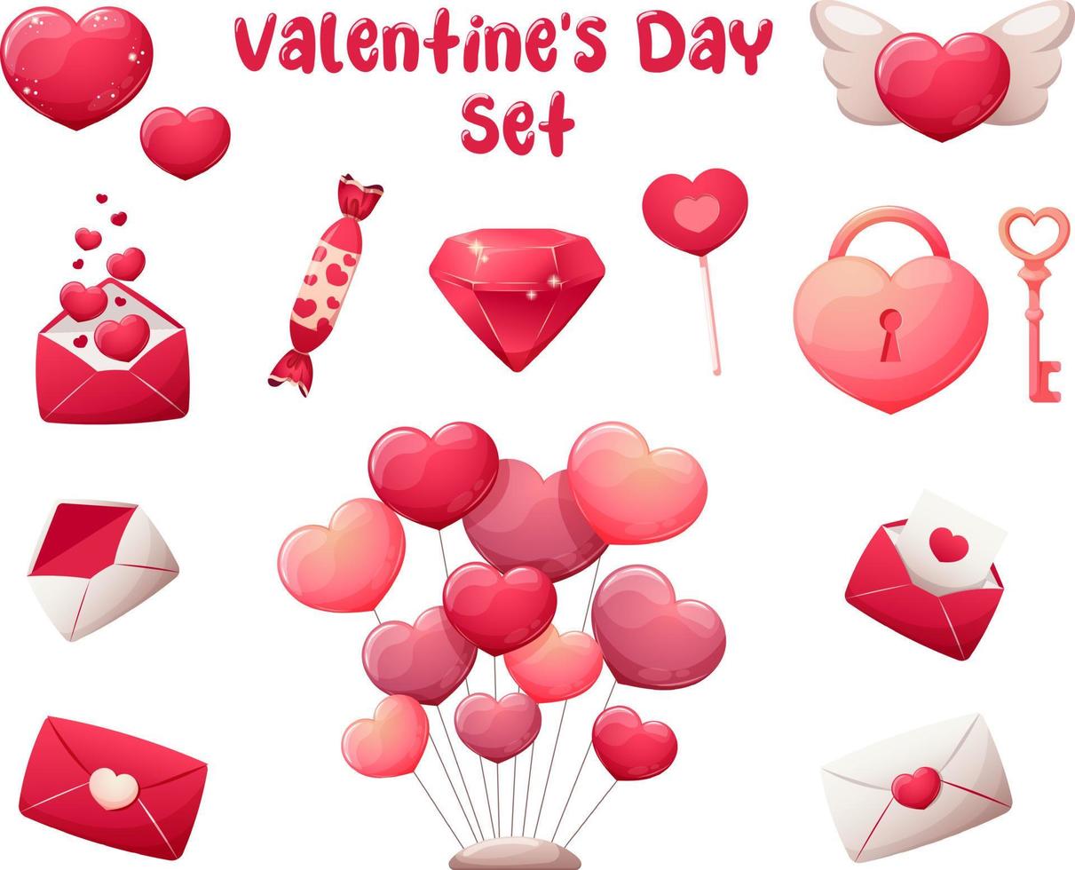 San Valentino giorno impostato con cuori. a forma di cuore palle, serratura e chiave, rubino, amore lettere, buste vettore