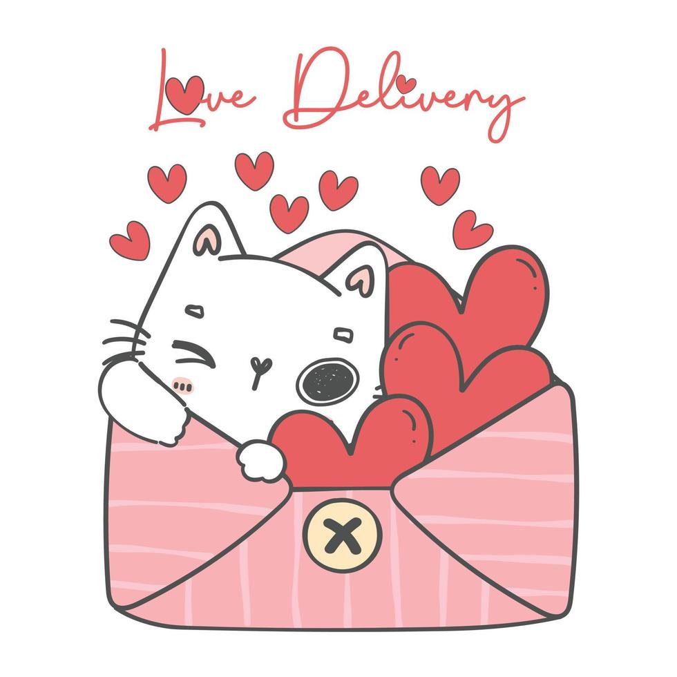 carino dolce San Valentino bianca gattino gatto nel amore Busta con rosso cuori cartone animato animale scarabocchio mano disegno illustrazione vettore