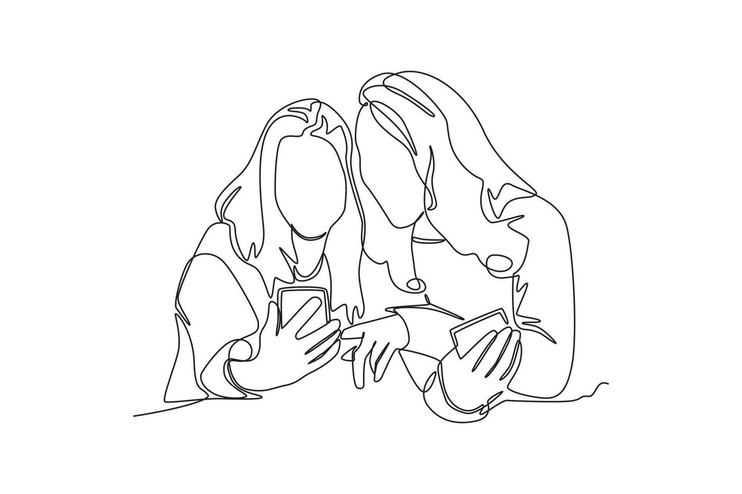 singolo uno linea disegno Due giovane ragazze seduta e guardare a loro smartphone schermo. ritrovi con amici concetto. continuo linea disegnare design grafico vettore illustrazione.
