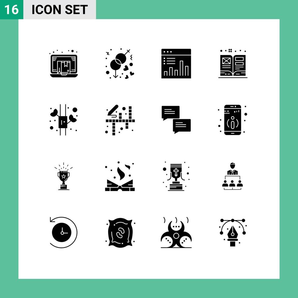16 universale solido glifo segni simboli di libro scolastico arte amore monitoraggio grafico modificabile vettore design elementi