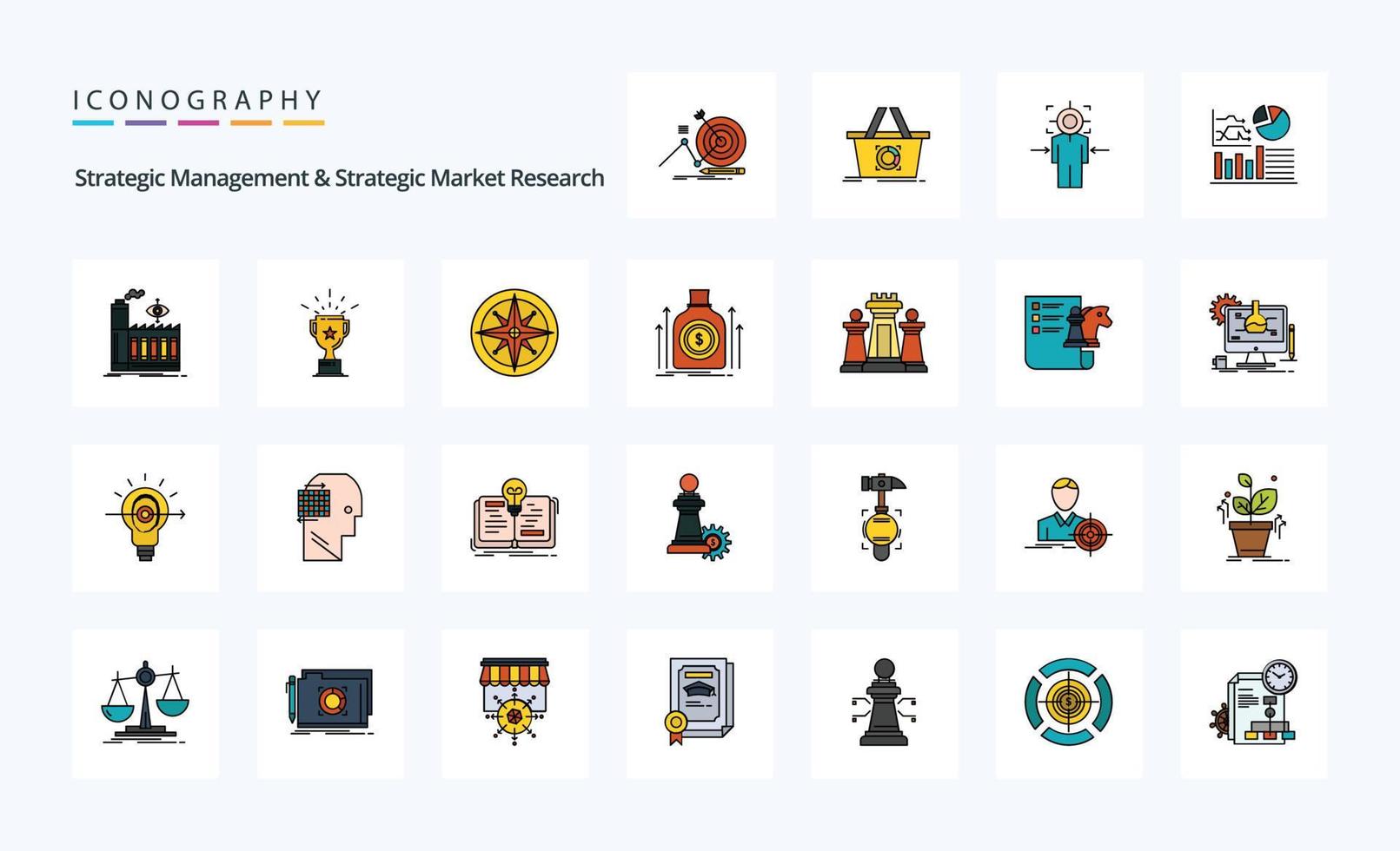 25 strategico gestione e strategico mercato ricerca linea pieno stile icona imballare vettore