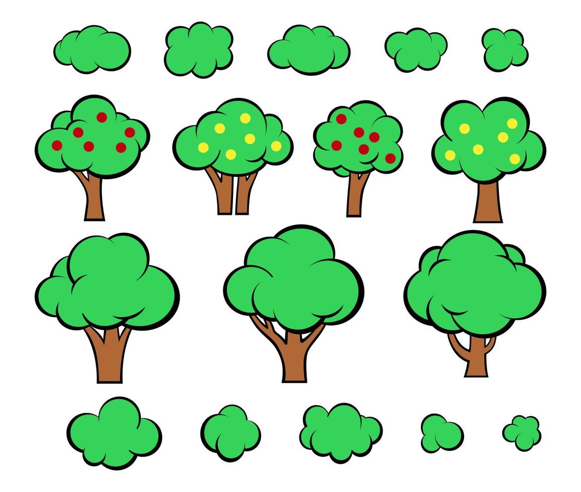 impostato di alberi e cespugli nel cartone animato stile per Stampa e design. vettore illustrazione.