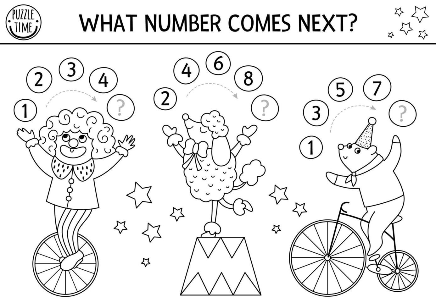 che cosa numero arriva prossimo. nero e bianca Continua il riga gioco con numeri e carino circo artisti. divertimento mostrare logico matematica colorazione pagina con clown, barboncino, orso su bicicletta vettore