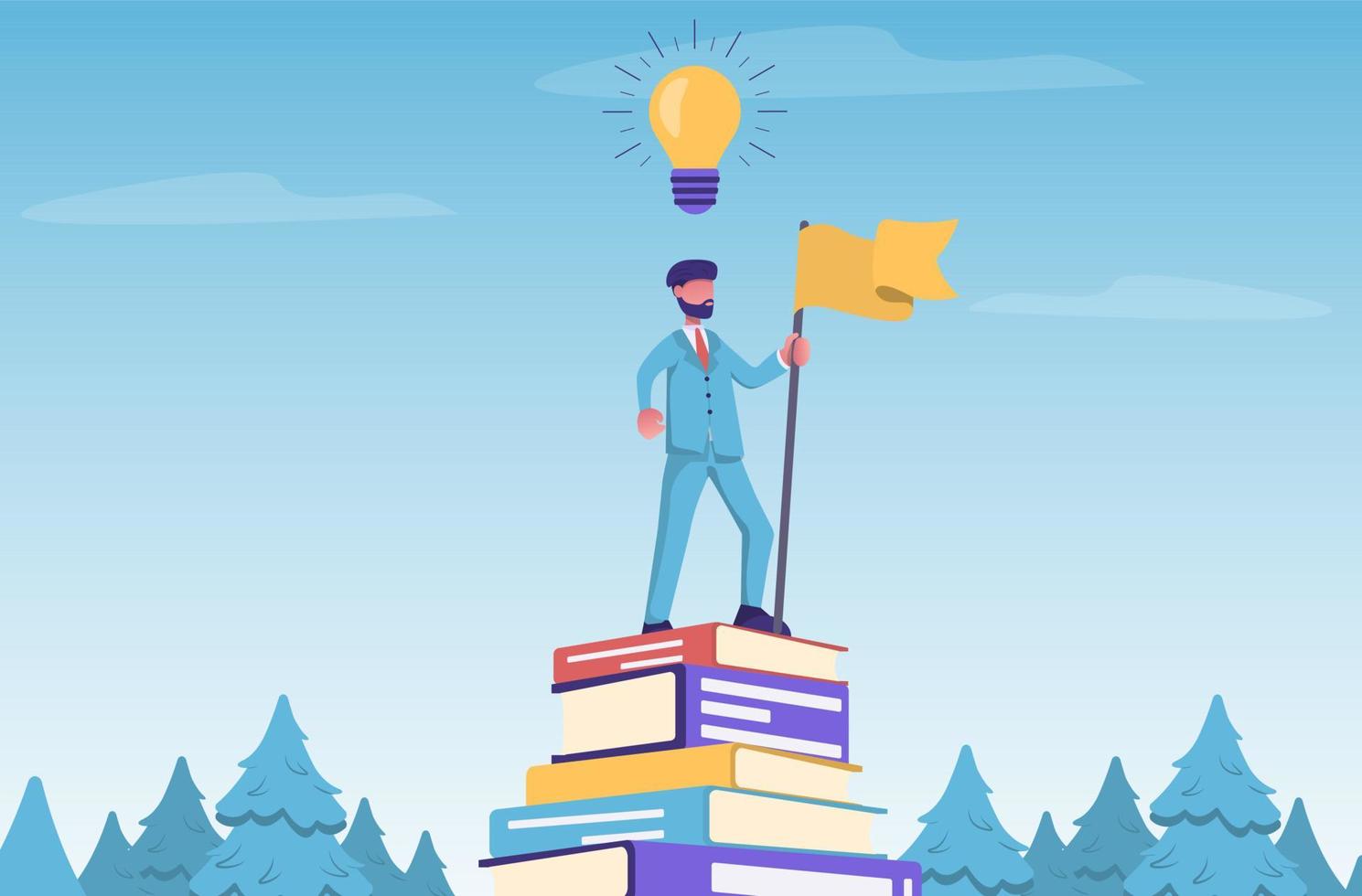 scoperta idee. un' uomo d'affari con un' bandiera e un' leggero lampadina al di sopra di il suo testa sta su un' montagna di libri vettore