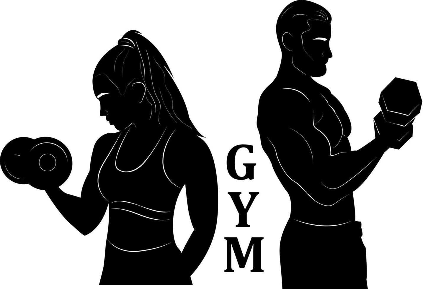 fitness. manubri. silhouette. donna e uomo nel addestramento. logo. sport. palestra. bodybuilding. vettore