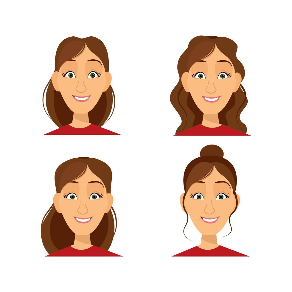 impostato di brunetta femmina avatar con un' Sorridi e diverso acconciature vettore