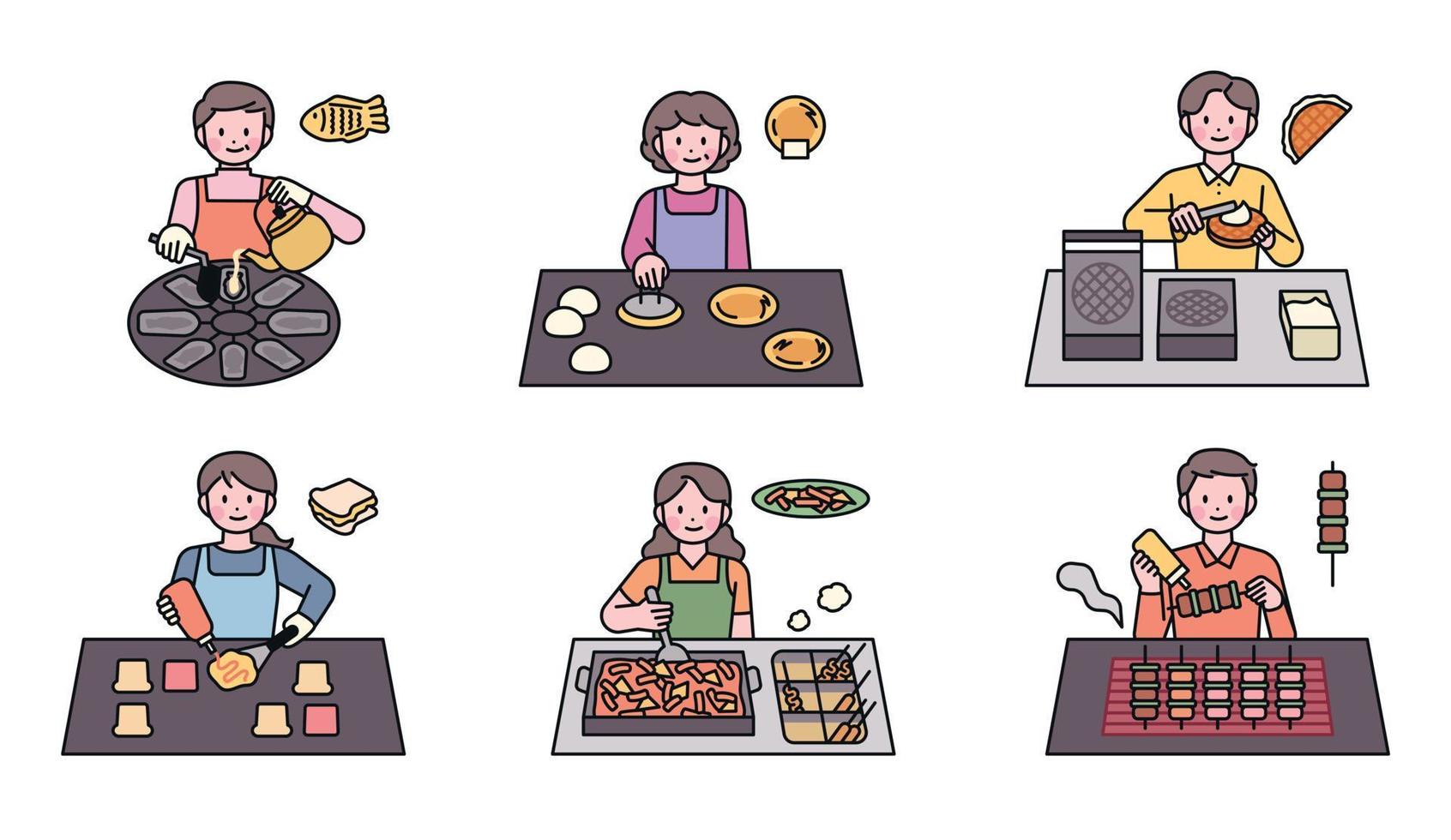 coreano strada cibo. persone chi cucinare un' varietà di Alimenti. taiyaki, caldo, cialde, pane abbrustolito, tteokbokki, pollo spiedini. vettore
