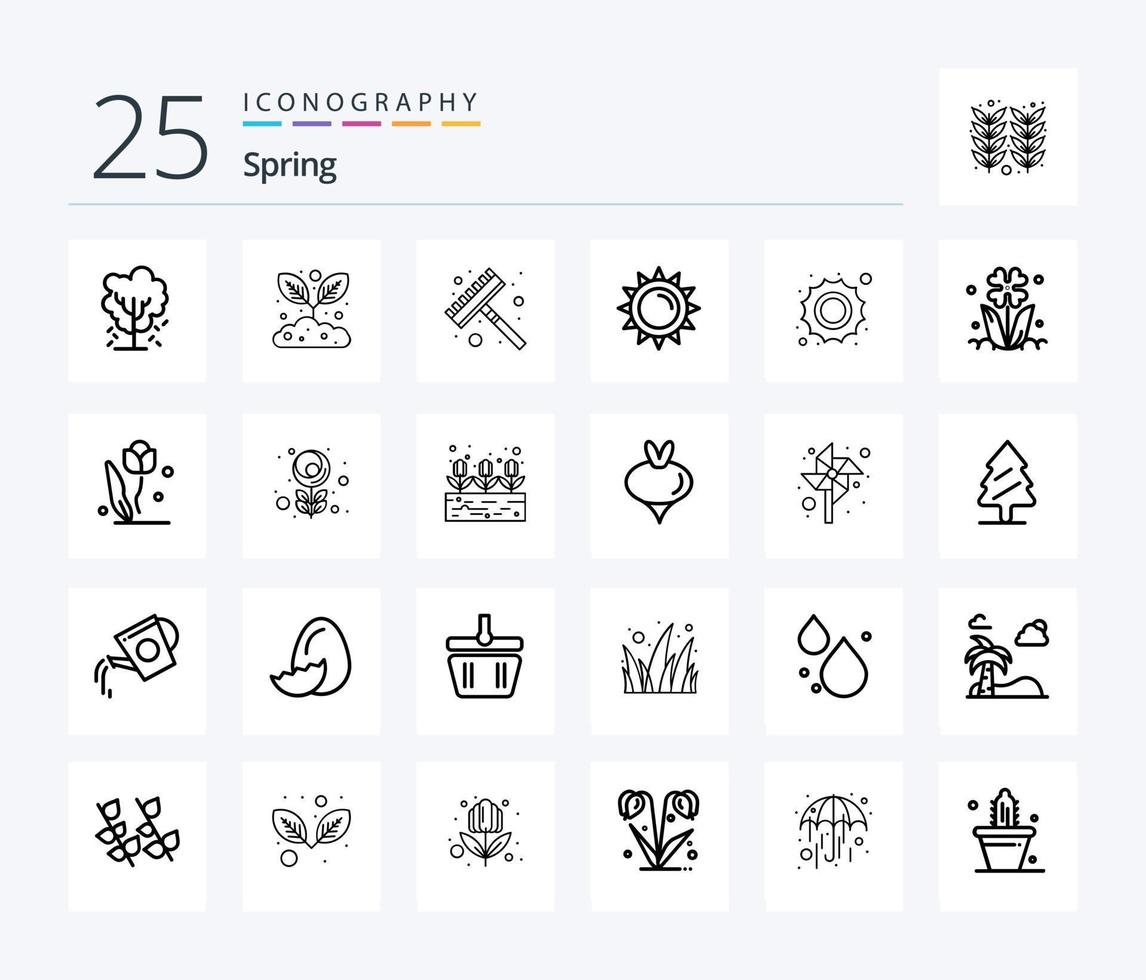 primavera 25 linea icona imballare Compreso tempo atmosferico. sole. rastrello. primavera. luminosità vettore