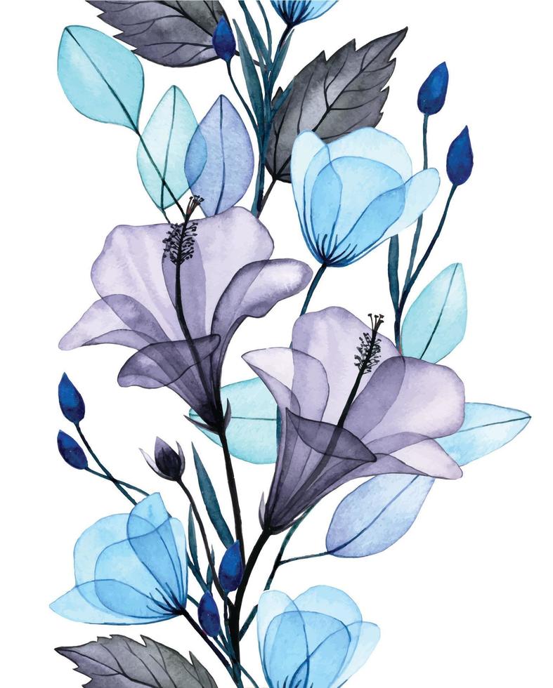 acquerello senza soluzione di continuità confine con trasparente ibisco fiori. delicato Stampa con grigio e blu fiori e le foglie. raggi X vettore
