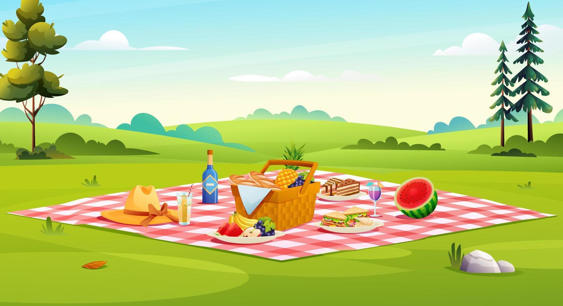 picnic impostare composto di cestino con cibo, frutta, panini, cupcakes vettore illustrazione