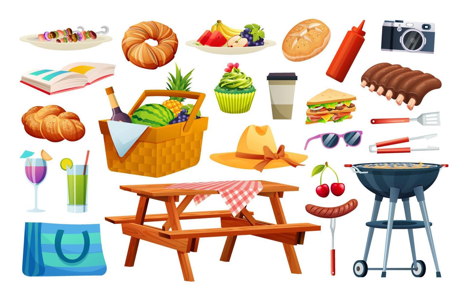 picnic elementi impostare. cestino con cibo, bevanda, frutta, grigliate attrezzatura vettore illustrazione
