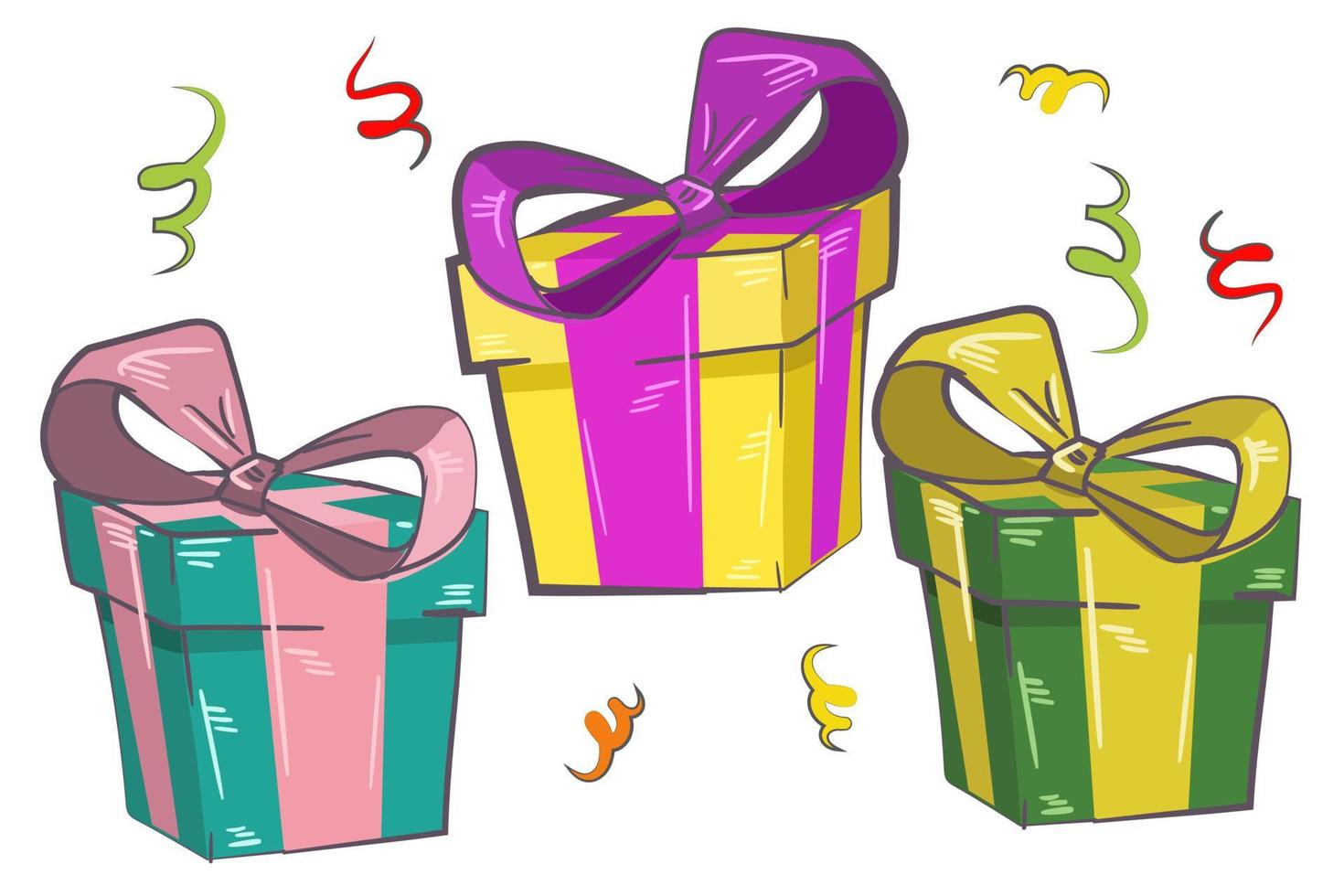 un' impostato di regalo scatole nel vacanza pacchi con archi. compleanno i regali. il Natale vacanza regali un' realistico design. vettore illustrazione.