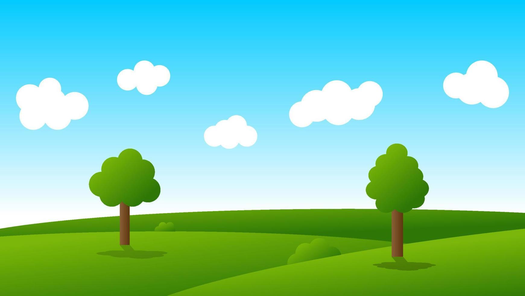 paesaggio cartone animato scena con verde alberi su colline e bianca nube nel blu cielo sfondo vettore