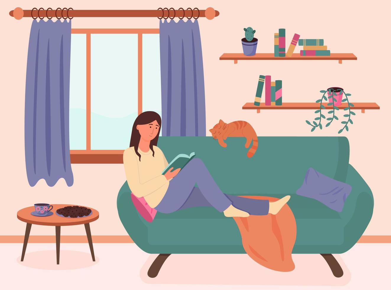 libro concetto. un' giovane donna è lettura un' libro su il divano. vettore illustrazione nel il piatto stile.